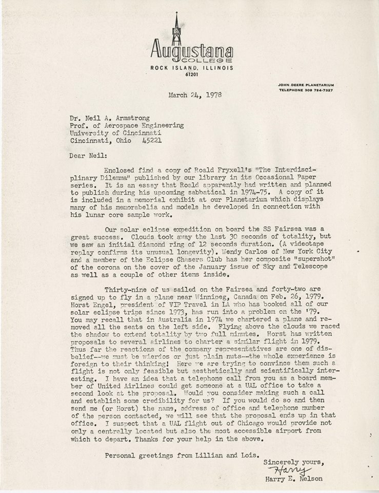 Letter from Professor Harry Nelson to Neil Armstrong dated 3/24/1978