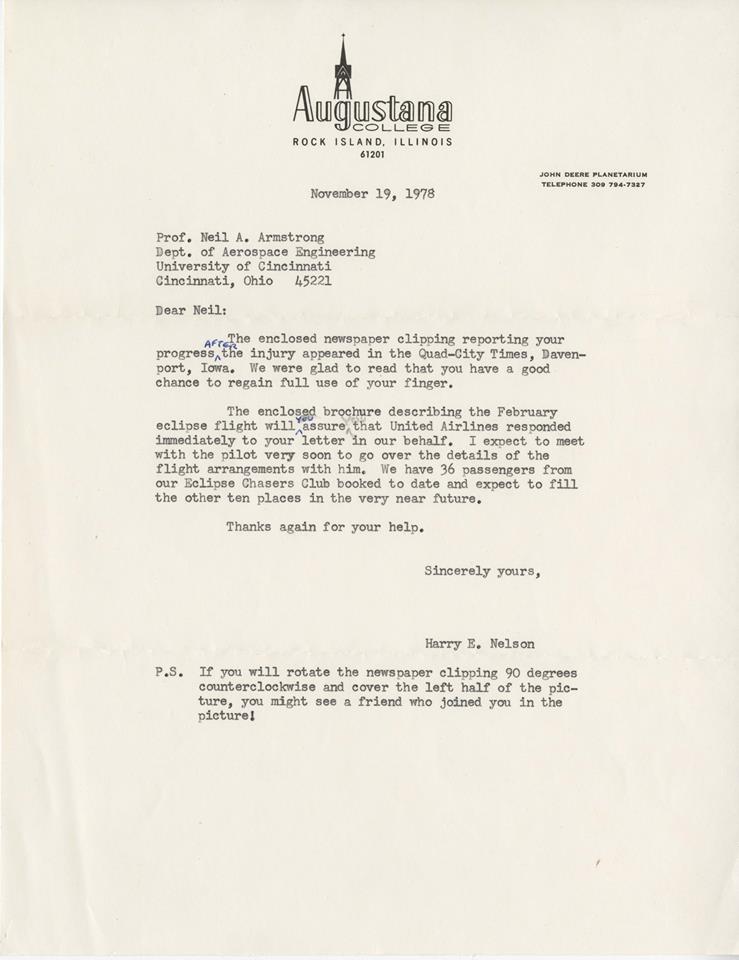 Letter from Professor Harry Nelson to Neil Armstrong dated 11/19/1978