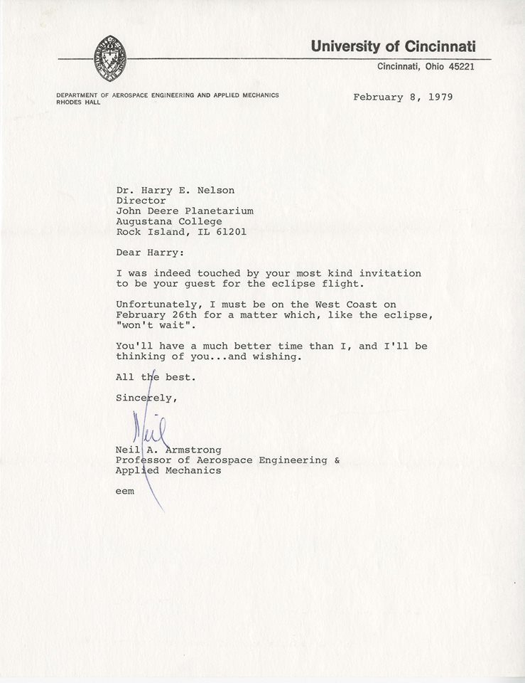 Letter from Neil Armstrong to Professor Harry Nelson dated 2/8/1979