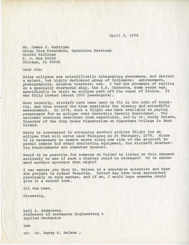 Letter from Neil Armstrong to James Hartigan of United Airlines dated 4/3/1978