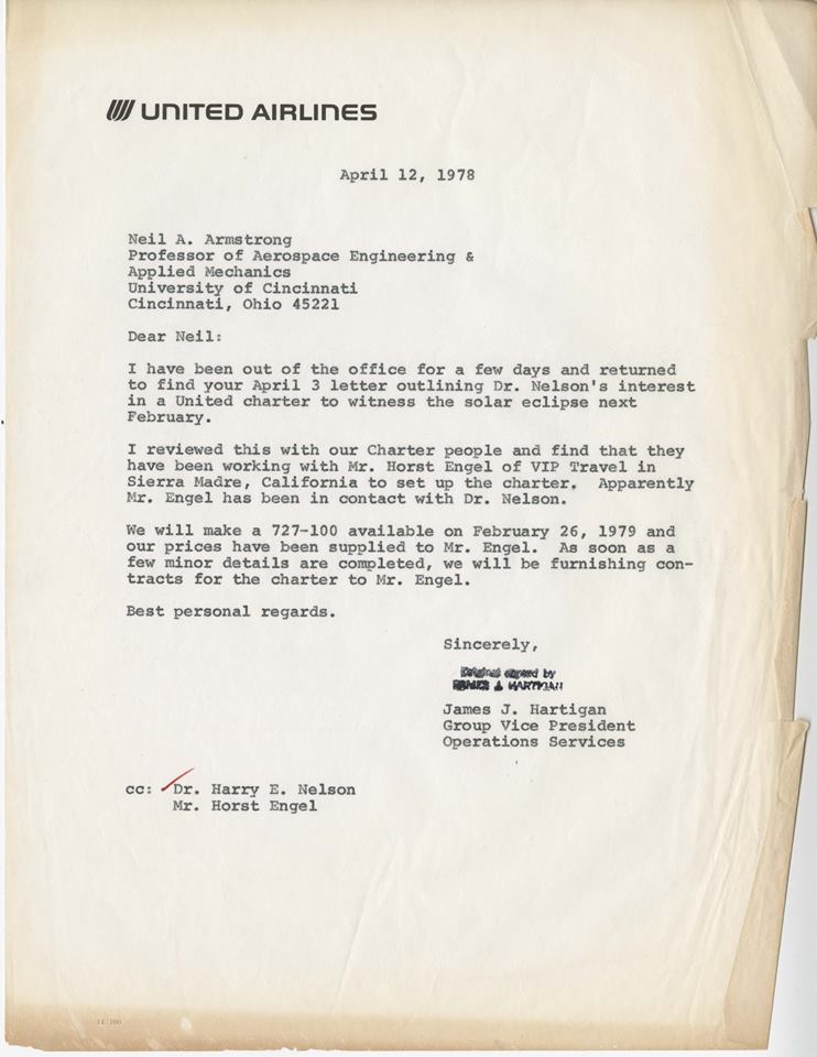 Letter from James Hartigan of United Airlines to Neil Armstrong dated 4/12/1978