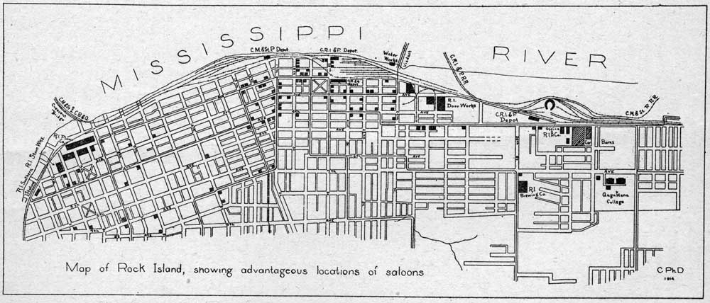 A map of Rock Island, showing the advantageous locations of saloons, form the Prohibition League pamphlet "Survey of the Liquor Traffic, Rock Island, Ill."