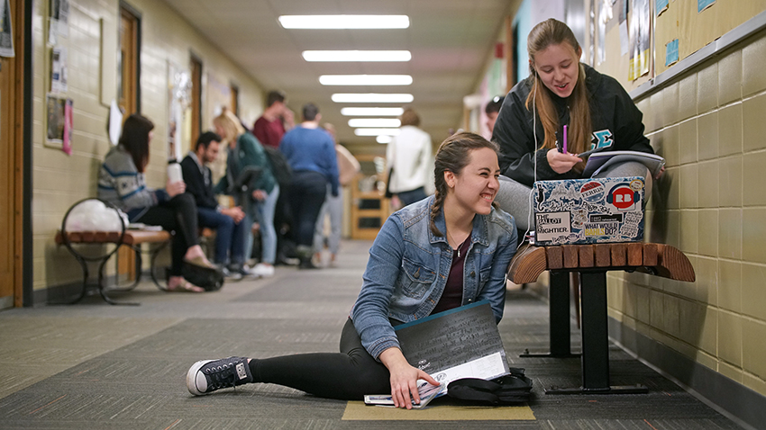 Students wait for class to start in Bergendoff