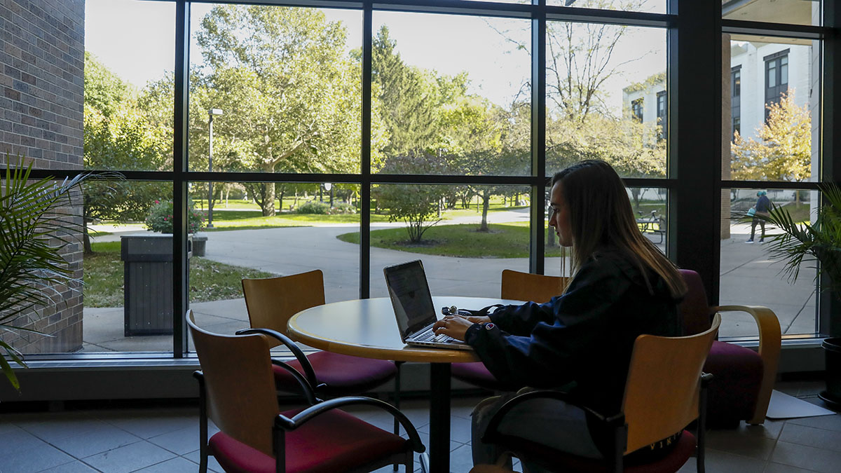 student studies in Hanson Hall of Science