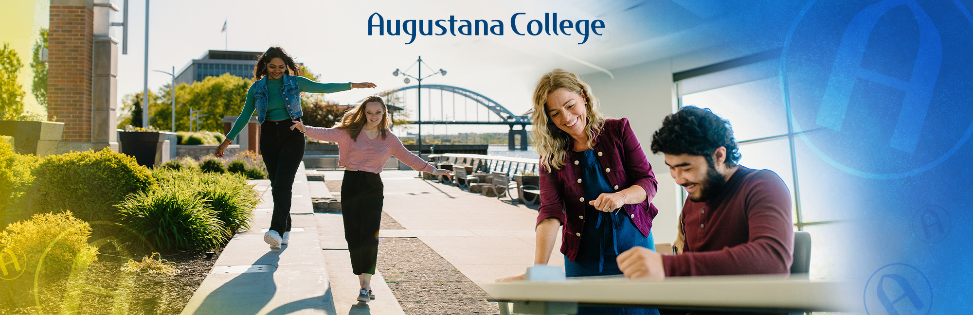 students balancing off campus and professor and student with Augie logo