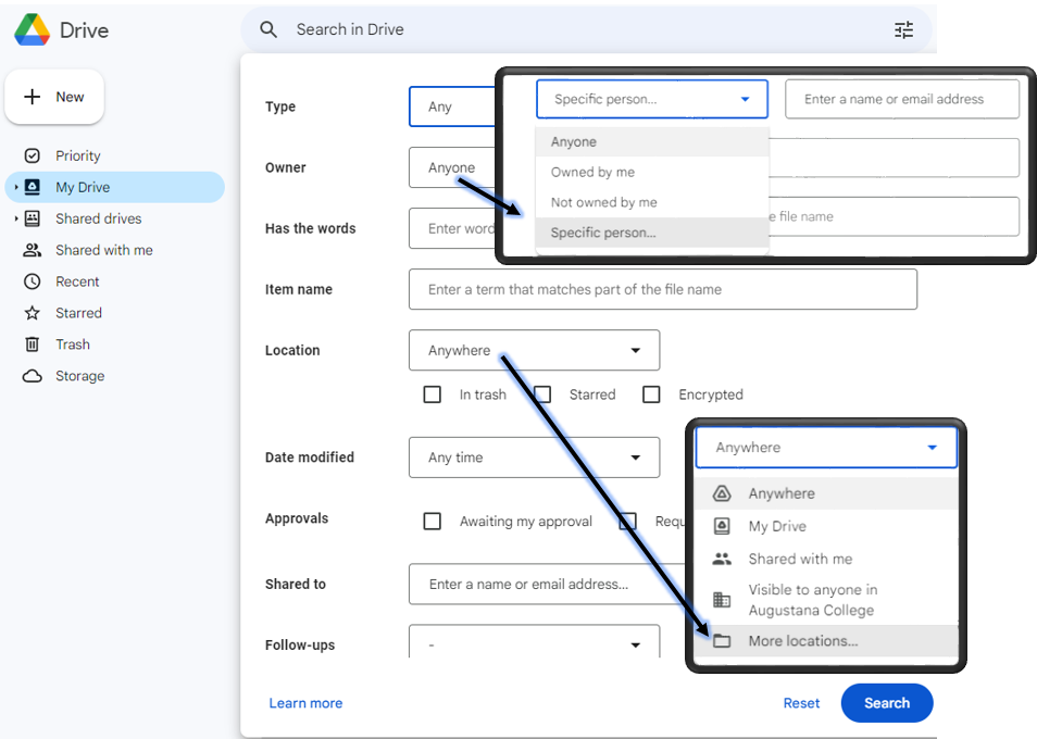 Go to search. Under owner, choose a specific person or files not owned by you. Under Location, choose the folder that you want to search.