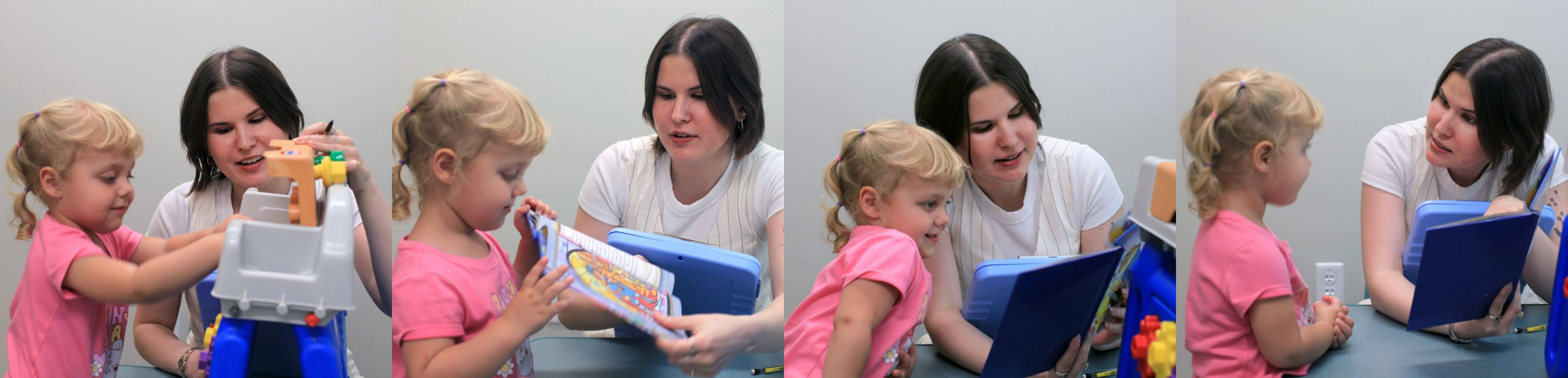 Four images of Rebecca Brenner working with a child