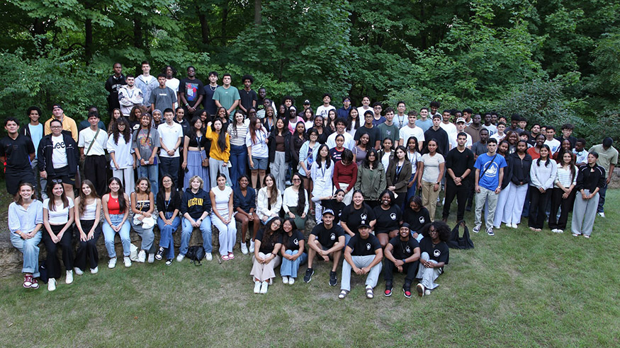 International students posing outside during orientation