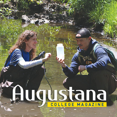 Dr. Kimberly Murphy and Caleb Bishop ’28 collect water samples in Robin Creek as part of a partnership with the City of Davenport and Augustana’s Center for the Advancement of Community Health and Wellness.