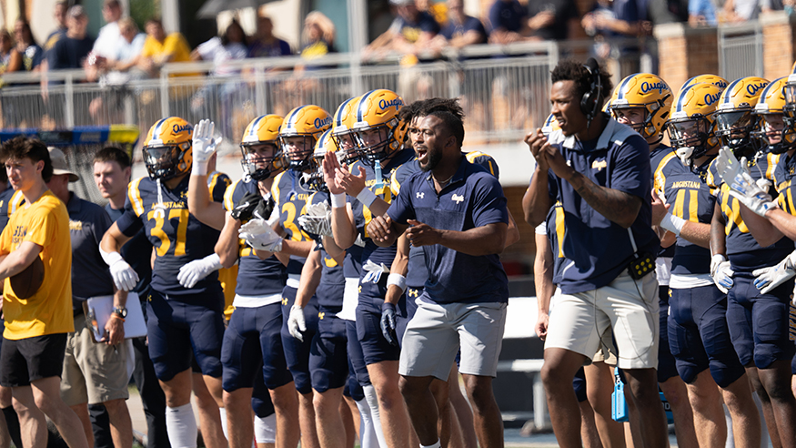 Vikings players and crew members cheer from the sidelines
