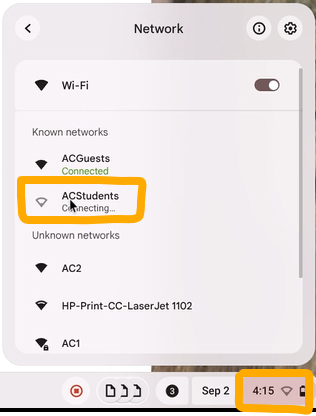 Step 11: Select the appropriate network for your role: "ACStudents"/"ACStaff."