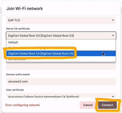 Step 12: Under the "Server CA certificate," choose the "DigiCert Global Root CA [DigiCert Global Root CA]" and click "Connect."