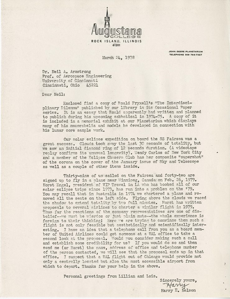 Letter from Professor Harry Nelson to Neil Armstrong dated 3/24/1978