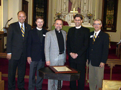 From left: Augustana-Rock Island President Steve Bahls, Pastor Richard Priggie, Pastor Tom Groth, Rev. Mark Wilhelm of the ELCA and Rob Oliver, President of Augustana-Sioux Falls