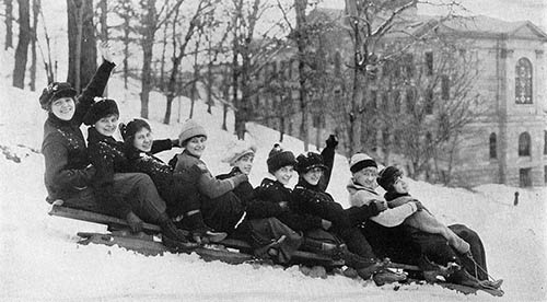 Women sledding near Old Main, from the 1915 Rockety-I yearbook.