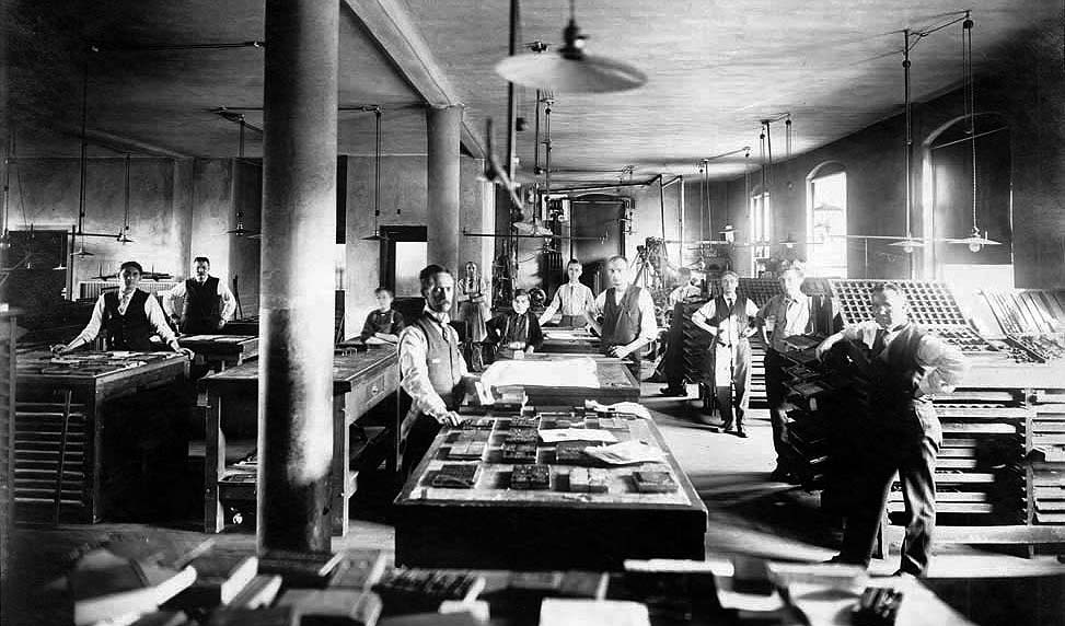 typesetting at ABC, with foreman C.A. Larson 