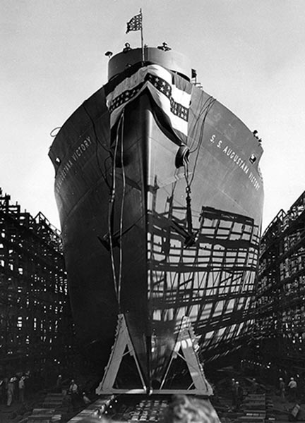 The SS Augustana Victory at the launching ceremony in June 1945. 