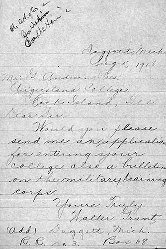 Letter from Walter Grantz to President Gustav Andreen, Aug. 5, 1918. Walter’s penmanship is clean and neat, as you would expect when someone is putting his best foot forward in applying to college. 