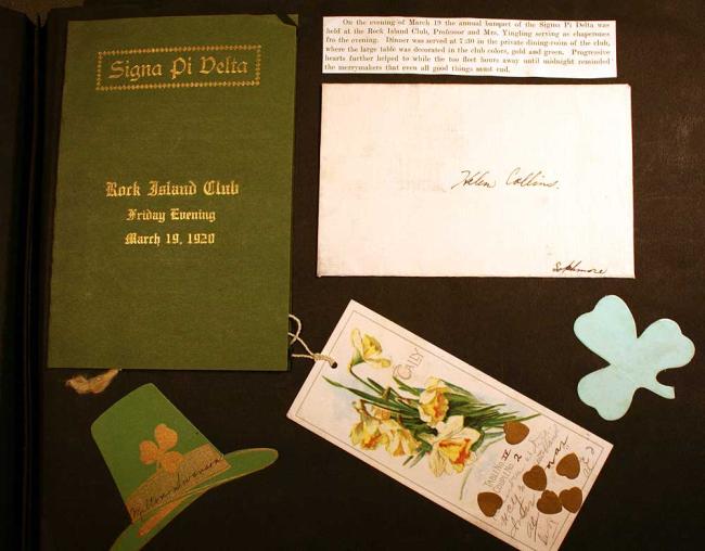 A page from Helen Collins's scrapbook, with materials from the Sigma Pi Delta dinner.