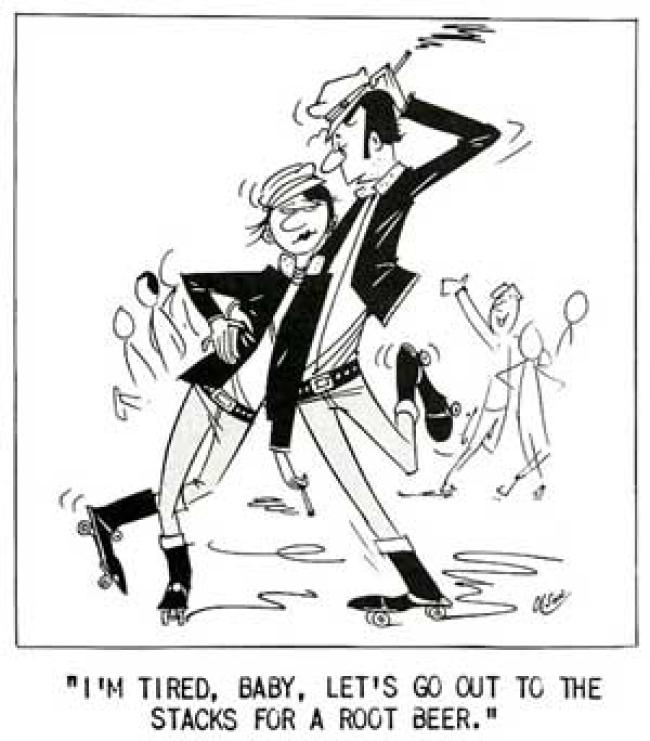 The cartoon which accompanied the 1957 Observer story “The Decline And Fall Of The Augustana Library.”