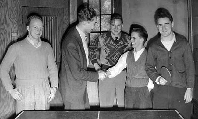 The Augustana men's intramural ping-pong club in 1947: Wallace Blad, Sten Sture Allebeck, Harry Lamon, Bob Downing and Morris Bossuyt. (Augustana College Special Collections)