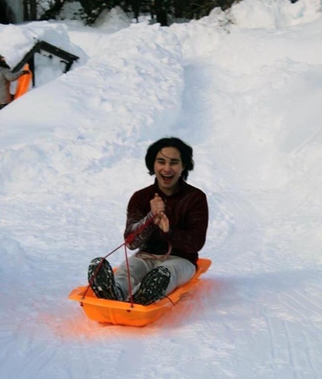 sledding down chalet hill in holden village