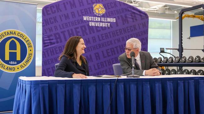 Augustana College President Andrea Talentino and WIU President Guiyou Huang 