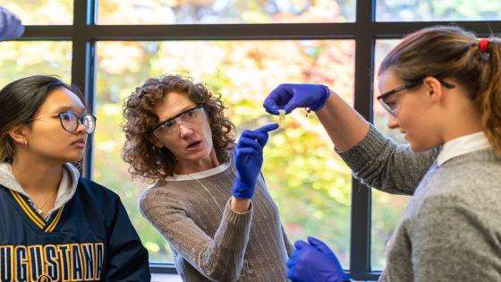A professor and student working in one of many lab spaces on campus. 